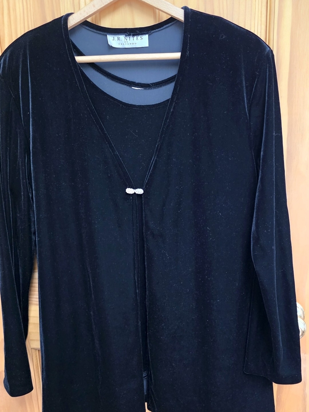 J.R. Nites Black Velvet Long Sleeve Tunic Cardigan with Jewel Clasp